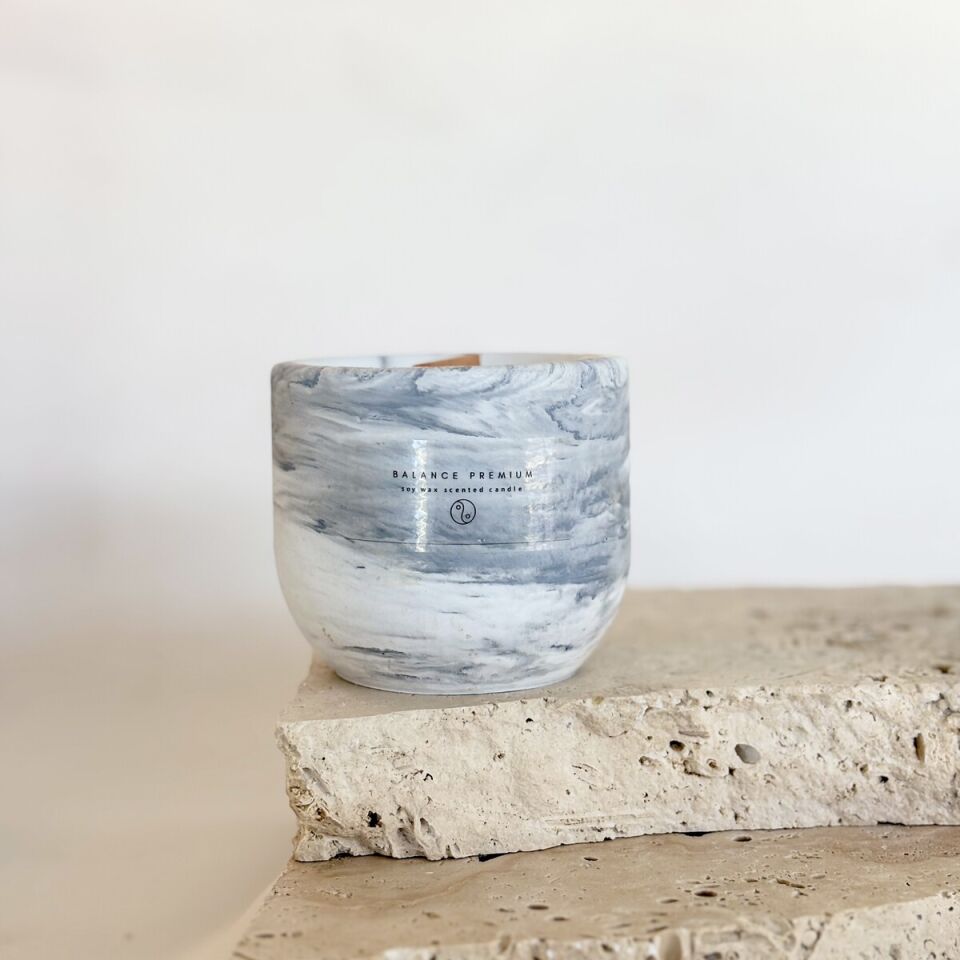 Sacred Sandalwood Kokulu Gri Mermer Desenli Beton Kavanoz Mum | Doğal Soya Wax El Yapımı