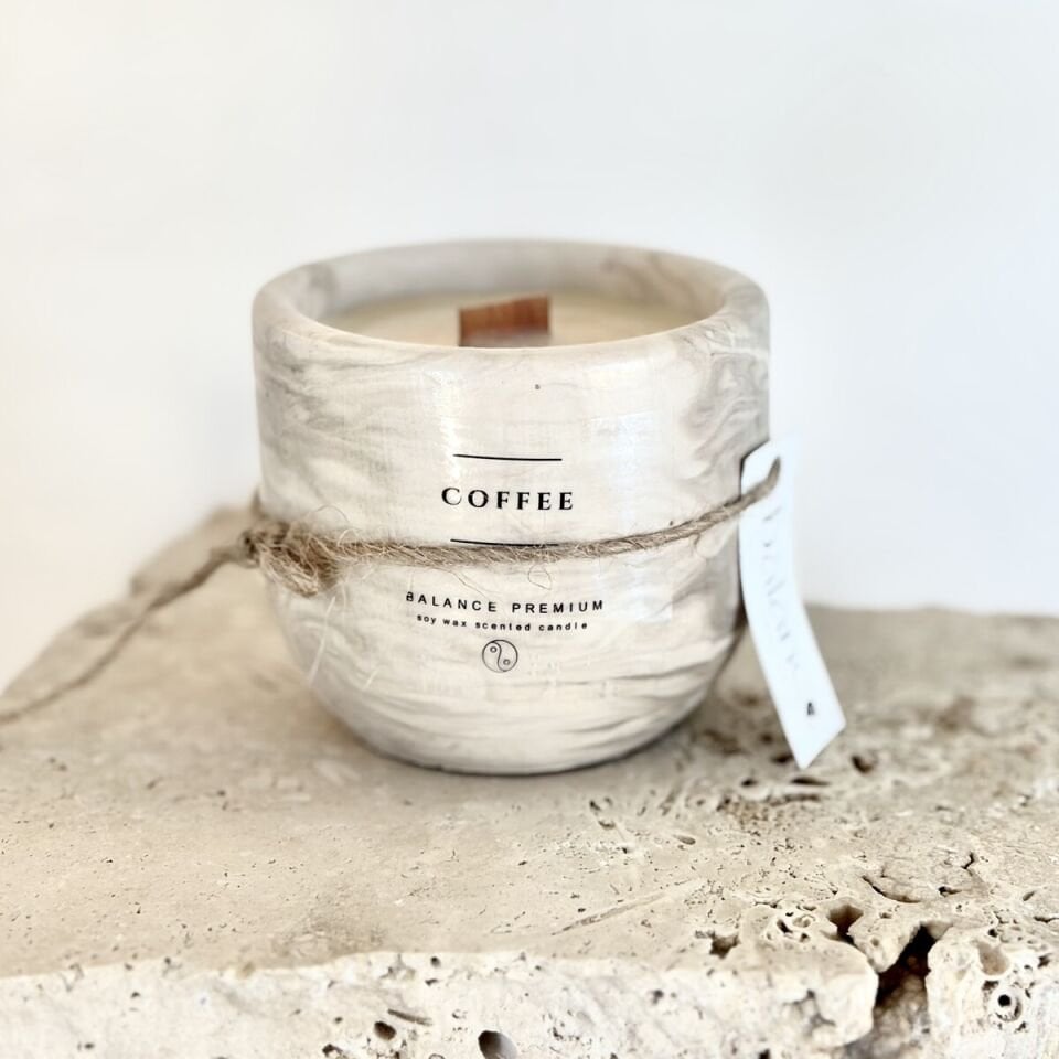 Noir Espresso Mermer Desenli Soya Mum – Kahve Mermer Desenli Beton Kavanoz Mum