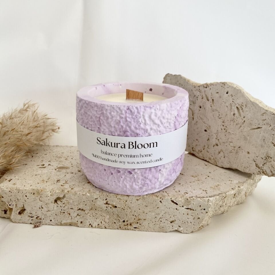 Dokulu Pembe Beton Kavanoz | Sakura Bloom Kokulu El Yapımı Soya Mum