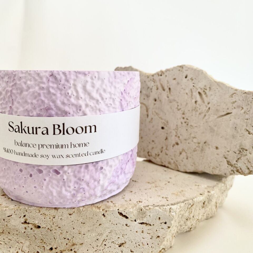 Dokulu Pembe Beton Kavanoz | Sakura Bloom Kokulu El Yapımı Soya Mum