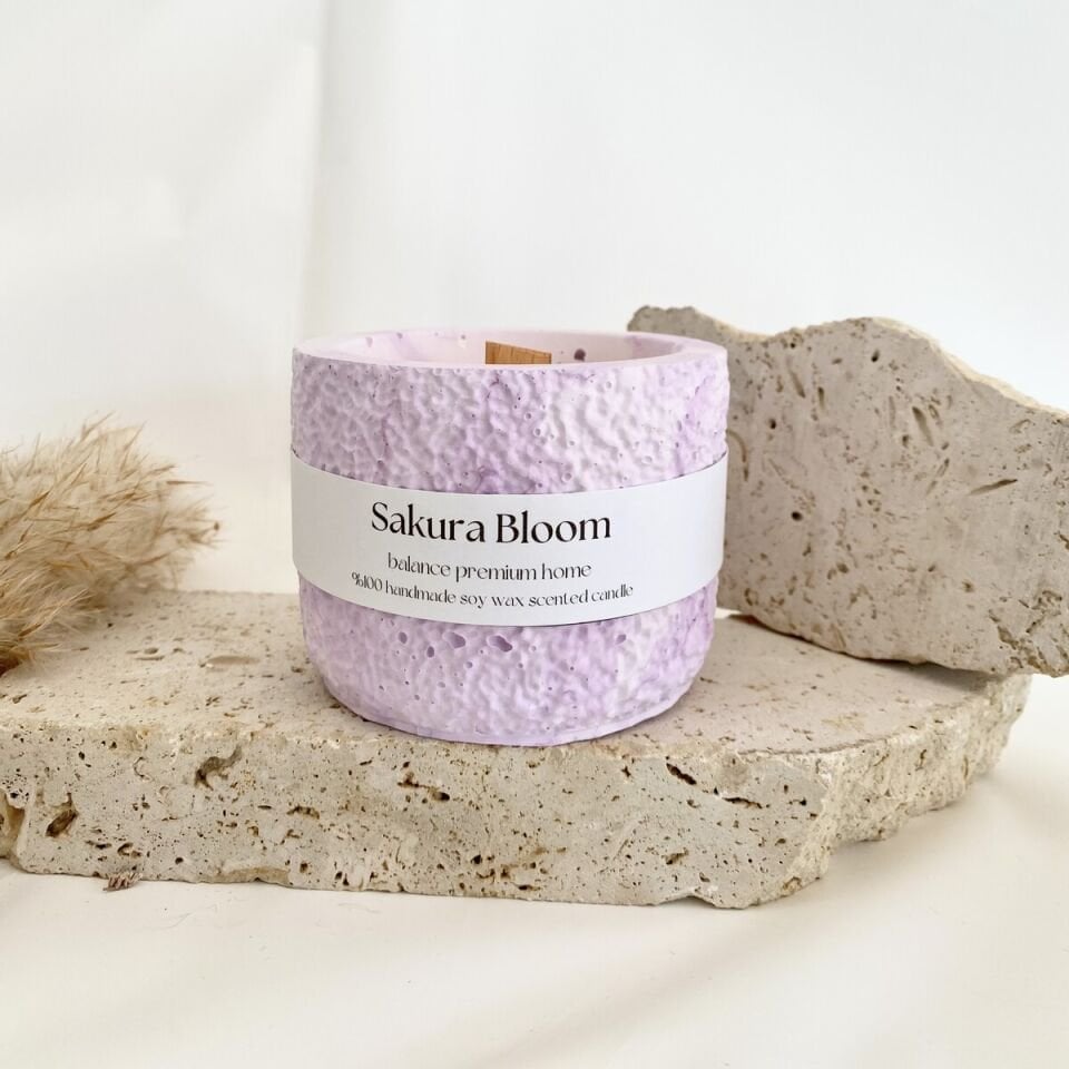 Dokulu Pembe Beton Kavanoz | Sakura Bloom Kokulu El Yapımı Soya Mum
