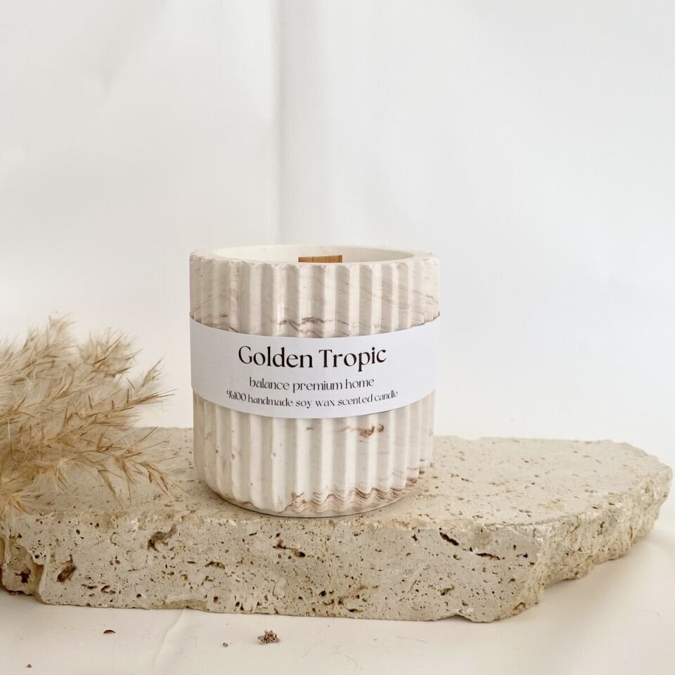 Golden Tropic Çizgili Beton Kavanoz | El Yapımı Soya Mum