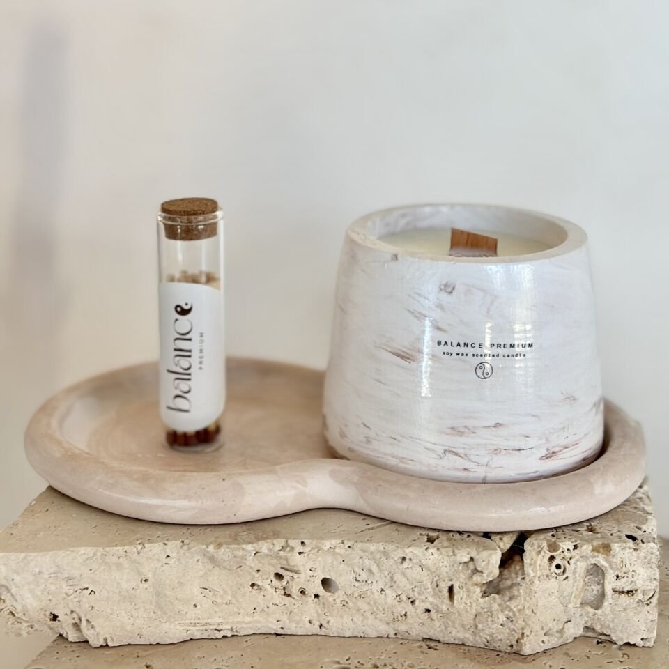 Serenity Dekoratif Set | Vanilya Kokulu El Yapımı Soya Mum & Cam Tüpte Kibrit