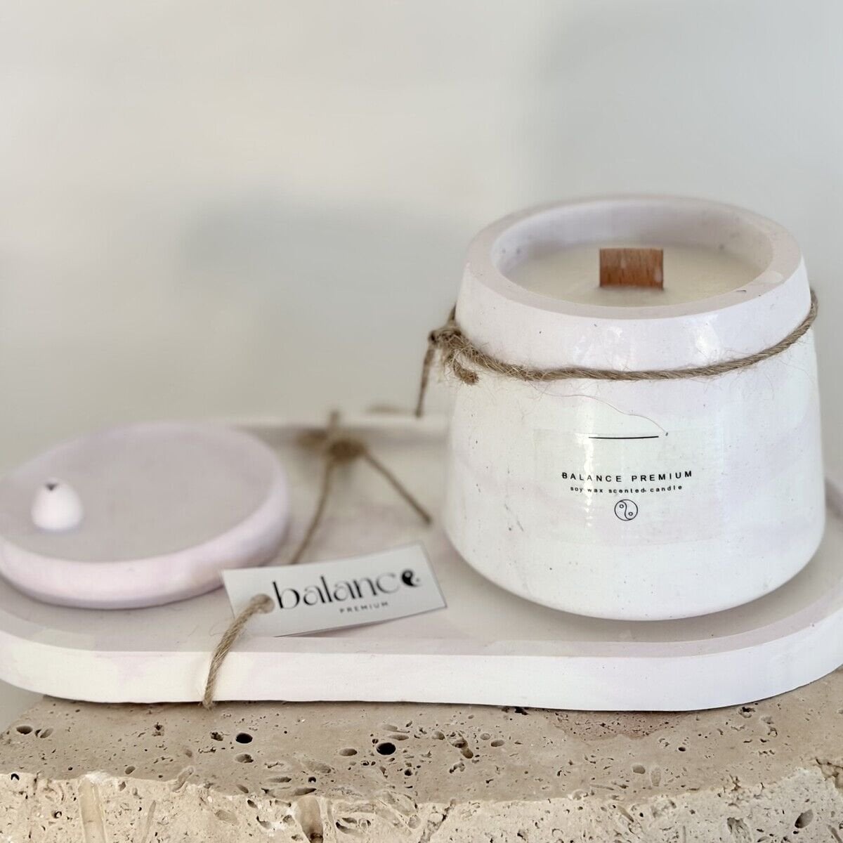 Pembe Tütsülük & Mermer Desenli El Yapımı Soya Mum Seti | Dekoratif Tabaklı