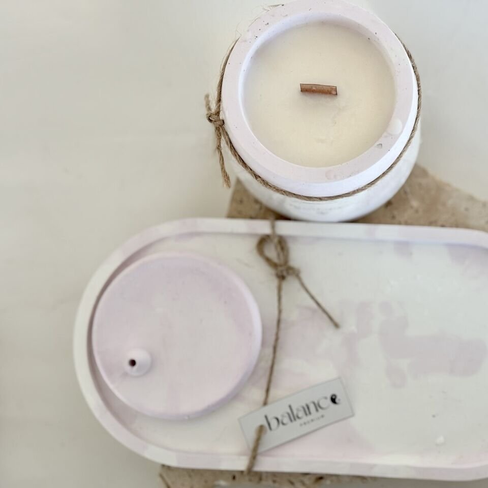 Pembe Tütsülük & Mermer Desenli El Yapımı Soya Mum Seti | Dekoratif Tabaklı