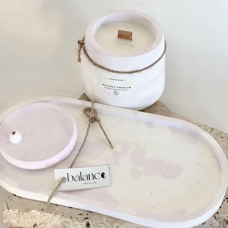 Pembe Tütsülük & Mermer Desenli El Yapımı Soya Mum Seti | Dekoratif Tabaklı