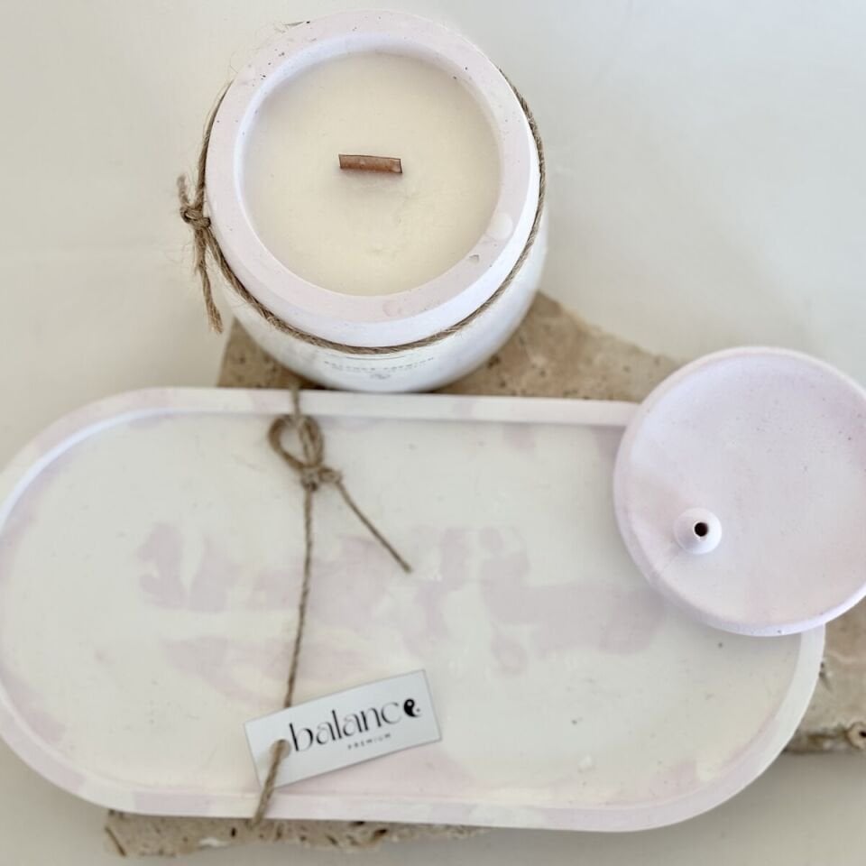 Pembe Tütsülük & Mermer Desenli El Yapımı Soya Mum Seti | Dekoratif Tabaklı