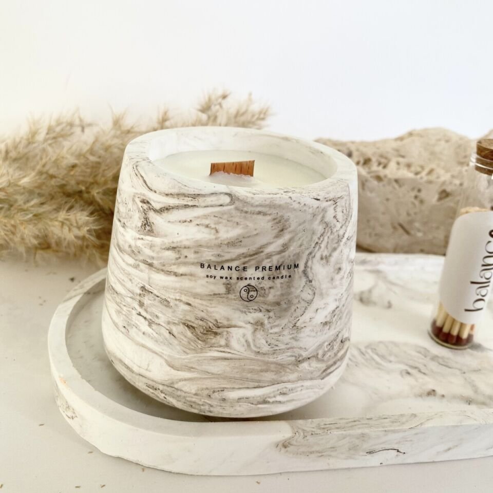 Traverten Dekoratif Set | Vanilya Kokulu El Yapımı Soya Mum & Cam Tüpte Kibrit