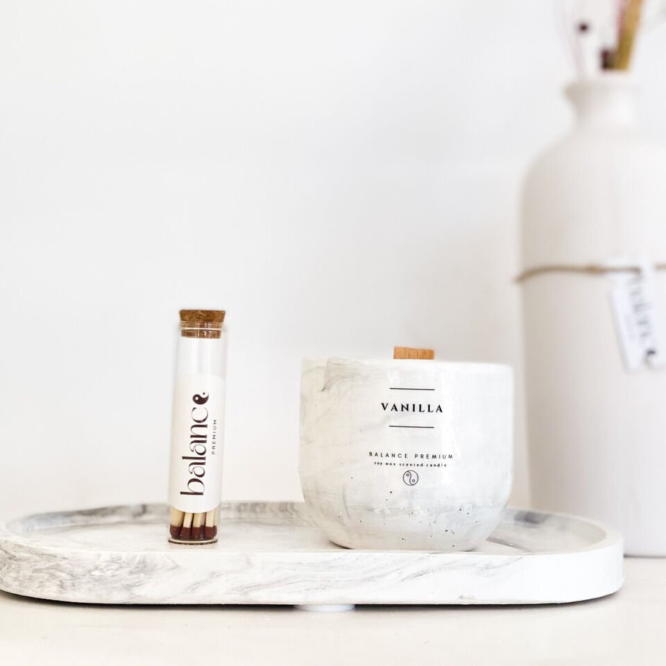 Marble Dekoratif Set | Vanilya Kokulu El Yapımı Soya Mum & Cam Tüpte Kibrit
