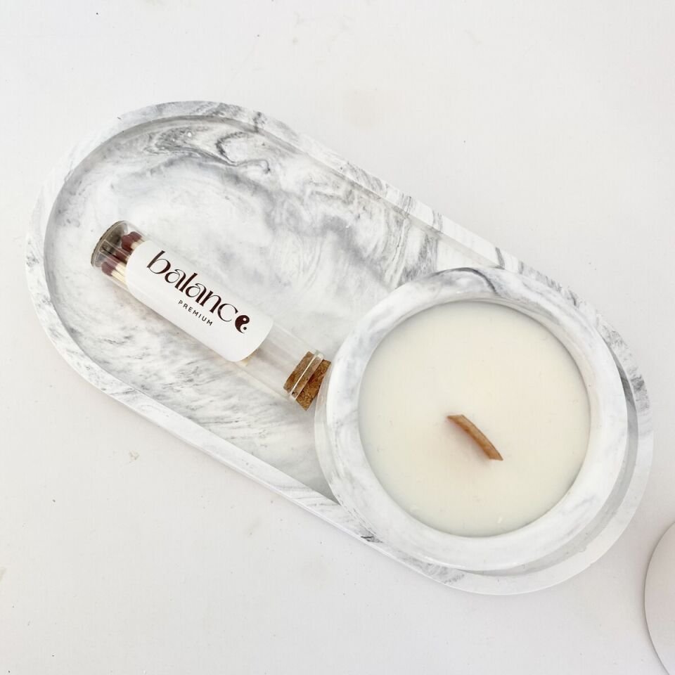 Marble Dekoratif Set | Vanilya Kokulu El Yapımı Soya Mum & Cam Tüpte Kibrit