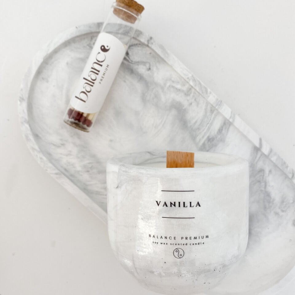 Marble Dekoratif Set | Vanilya Kokulu El Yapımı Soya Mum & Cam Tüpte Kibrit