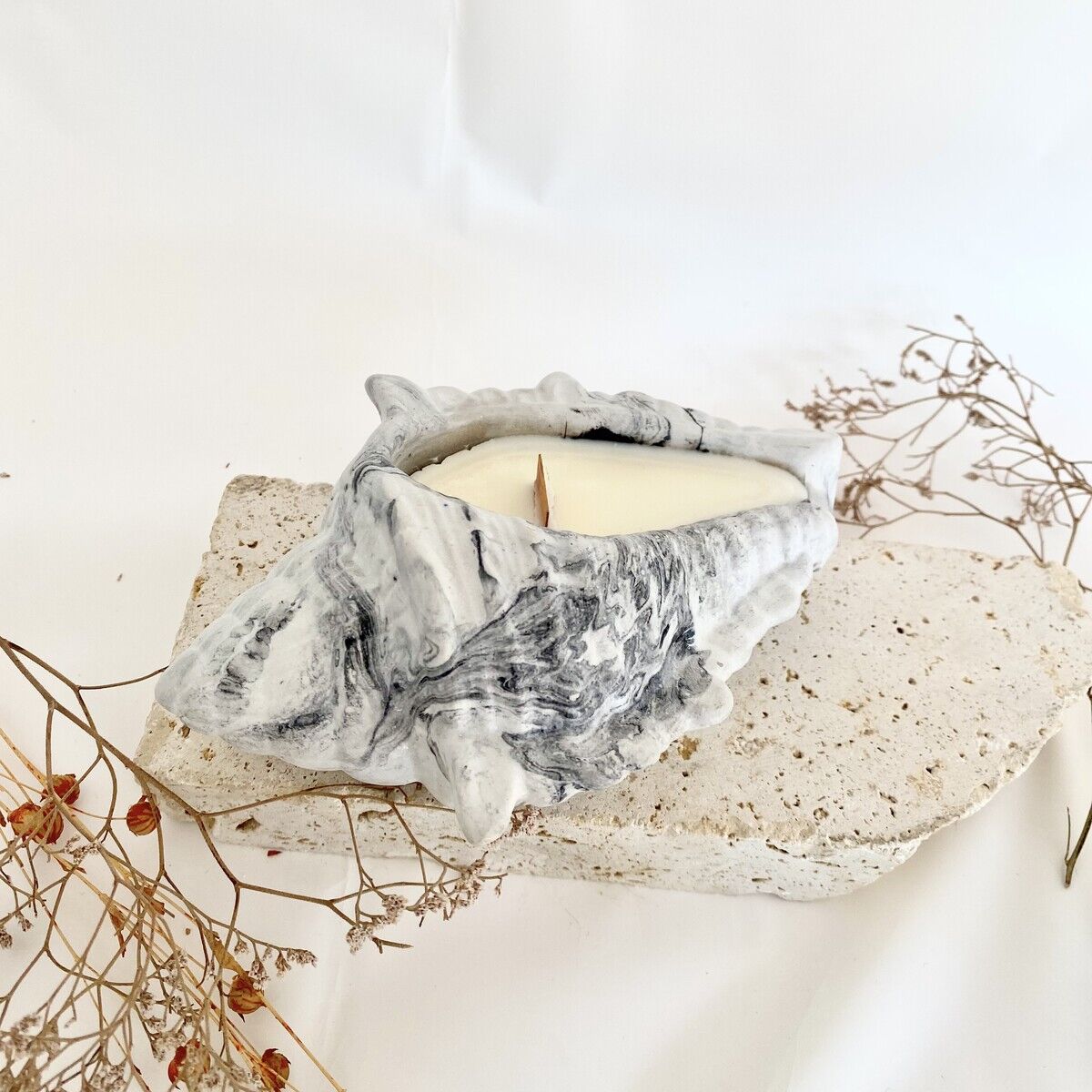 Mermer Desen Deniz Kabuğu Mum | El Yapımı Vanilya Kokulu Doğal Soya Mum