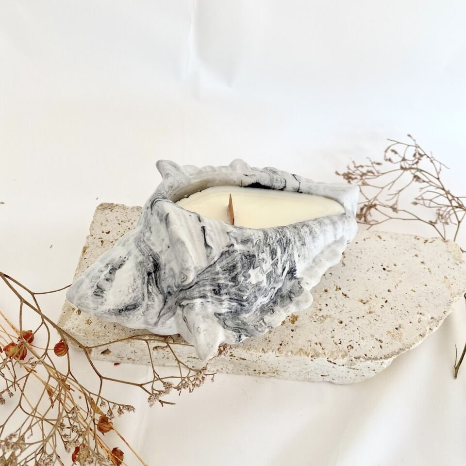 Mermer Desen Deniz Kabuğu Mum | El Yapımı Vanilya Kokulu Doğal Soya Mum