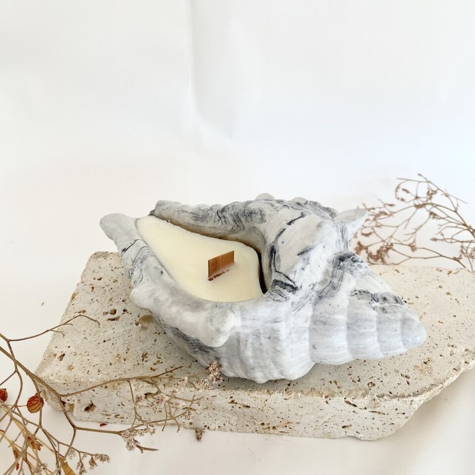 Mermer Desen Deniz Kabuğu Mum | El Yapımı Vanilya Kokulu Doğal Soya Mum