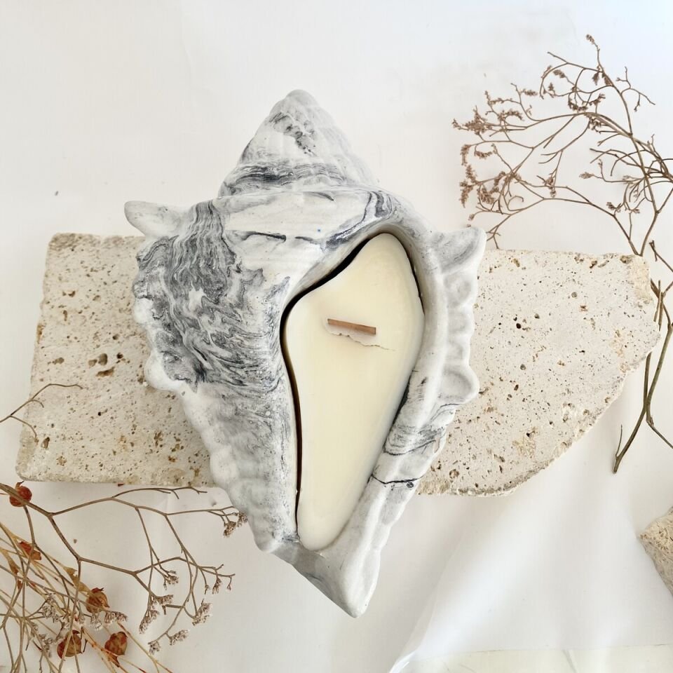 Mermer Desen Deniz Kabuğu Mum | El Yapımı Vanilya Kokulu Doğal Soya Mum