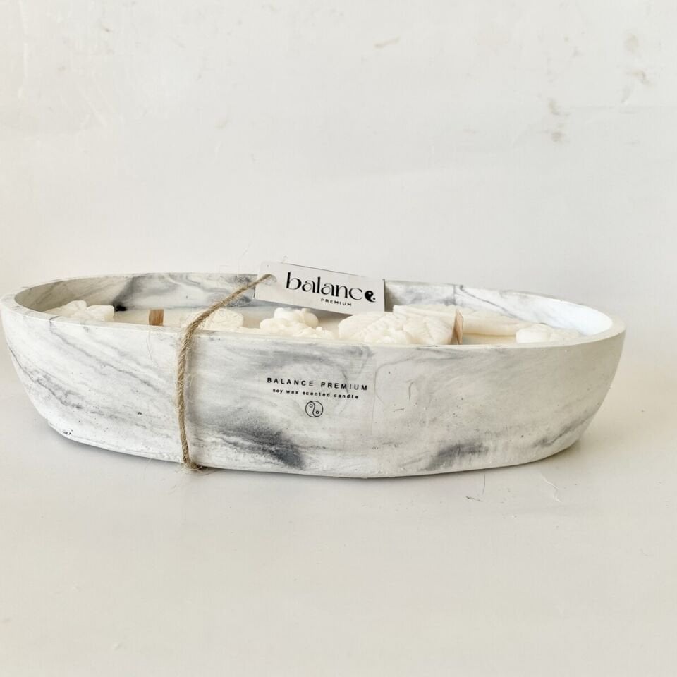 Flora Kayık Mermer Tabak | El Yapımı Soya Mum Dekoratif Sunum Objeleri
