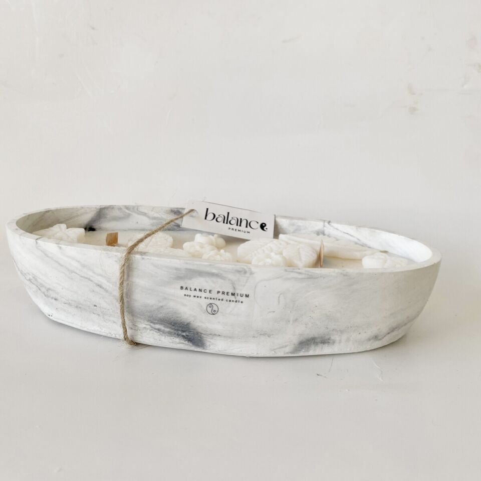 Flora Kayık Mermer Tabak | El Yapımı Soya Mum Dekoratif Sunum Objeleri